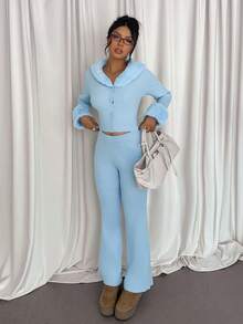 SHEIN EZwear 女式蓝色毛领拼布修身毛衣套装，秋冬 - 藍色 - 查看 5