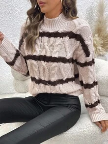 SHEIN LUNE Women's Contrast Color Striped Turtleneck Knit Sweater - Multicolor - View 3