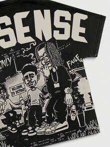 ROMWE MEN Street Life Spring/Summer Casual Graphic 1Pc Men'S Street Figure Batwing Short Sleeve Crew Neck Casual T-Shirt, Halloween, 2000S Style - Black - View 4