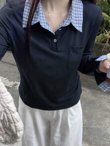 DAZY Women Polo Long Sleeve T-Shirt In Solid Color,Fall Clothes