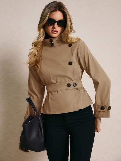 Poéselle 女式纯色立领长袖单排扣休闲风衣，秋季