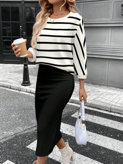 SHEIN LUNE 女士休闲拼色条纹两件套，适合秋冬季