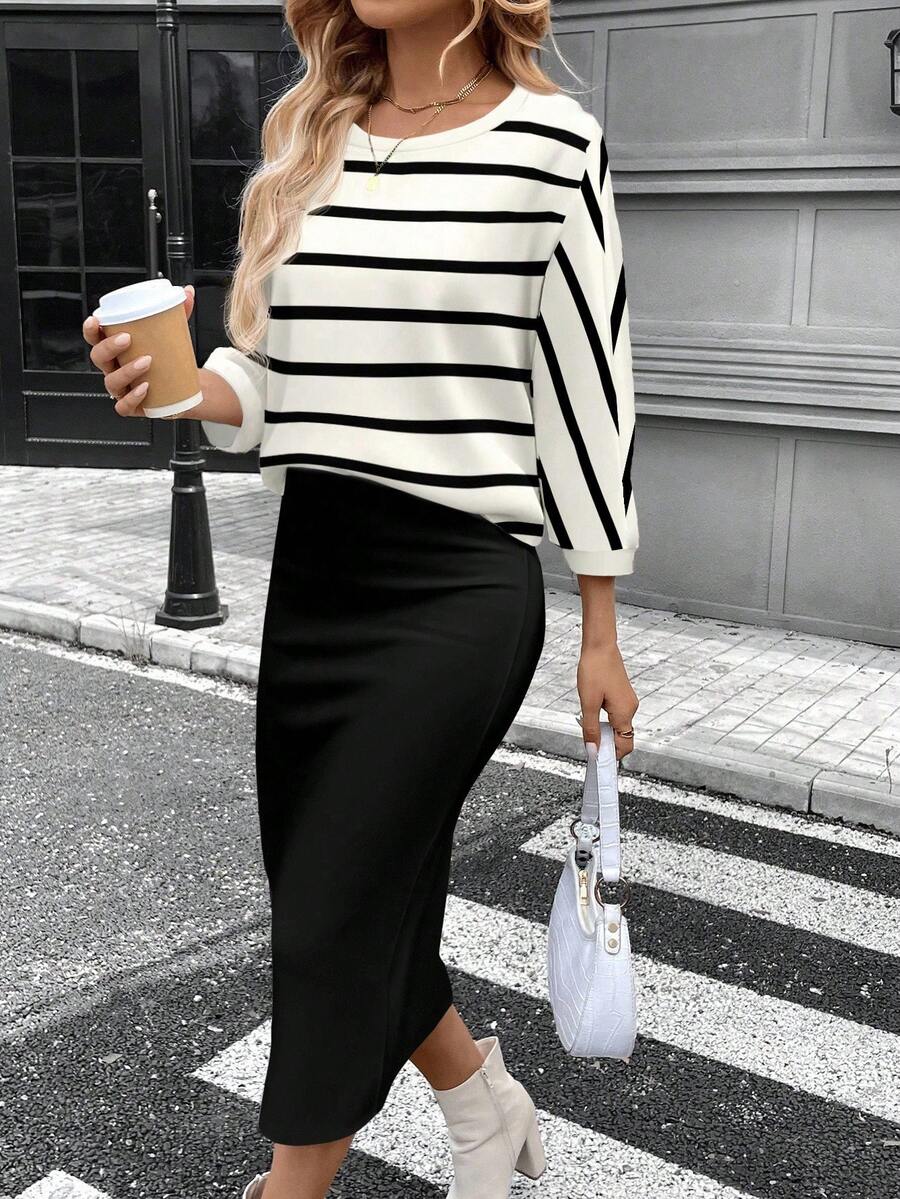 SHEIN LUNE Women's Casual Colorblock Striped 2 Pieces Set, Suitable For Autumn/Winter,Fall - Multicolor - View 1