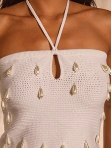 Opulessa Maglione casual da donna per vacanze con scollo impreziosito da perline, stile casual da donna, adatto per concerti, feste, club, autunno, Festa Nazionale, Capodanno, elegante festa, laurea, ballo, lussuoso evento serale per donna, top bianco a fascia, top bianco a bustino, chic autunnale - Bianco - Visualizzare 2