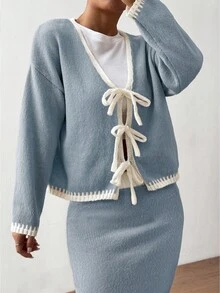 Flirla 2pcs Ombre Bowknot Strap Casual Basic Knit Set, Autumn/Winter - Multicolor - View 3