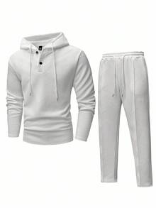 Manfinity Homme Herren Set aus einfarbigem Kapuzenpullover mit Kordelzug aus weißem Strukturstoff und Jogginghose, Herbstkleidung - Weiss - Übersicht 5