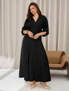 Auralis 大码女式夏季衬衫裙，秋季长袖连衣裙，黄色连衣裙 2025年波西米亚风女式夏季连衣裙 | 奶油黄色办公室正装衬衫裙，七分袖，前开襟 | 复活节、早午餐、机场休闲及商务休闲装 | 女士夏季服装，女士连衣裙，挤奶女工风格，奶油黄色时尚 - 黑色 - 查看 3