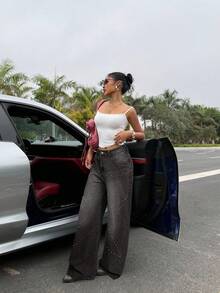 Muchica Quần jean ống rộng thường ngày cho nữ có đính đinh tán hình sao - Rửa trung bình - Xem 4