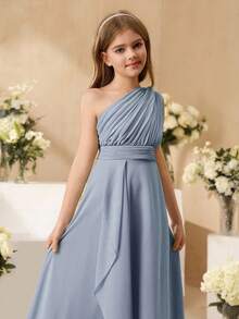 SHEIN Tween Girls Elegant Flower Girl Dress For Wedding, Ruffled Chiffon Shawl Mid-Calf Length Formal Gown For Tween Girl, Princess Style Puffy Fall Winter - Blue - View 6