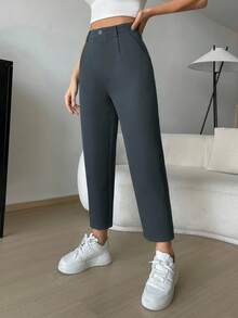 SHEIN LUNE 灰色斜口袋七分西装裤 - 深灰色 - 查看 5