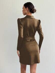 SHEIN Tall Tall Size Women's Surplice Neck Elegant Belted Solid Dress - Khaki - View 2