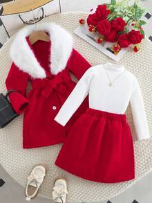Sparklyn 三件套女童度假休闲套装：毛领外套、针织长袖上衣和秋冬半裙 - 紅色 - 查看 1