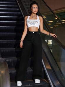 SHEIN ICON 大码女式高腰口袋阔腿宽松休闲牛仔裤 - 黑色 - 查看 4