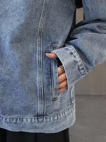 FRIFUL 女士宽松休闲连帽牛仔夹克 - 藍色 - 查看 4