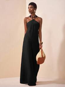 Zivah Bộ đồ liền thân ống rộng rộng rãi thời trang hở lưng kết hợp vòng tròn màu đen dành cho nữ - màu đen - Xem 4