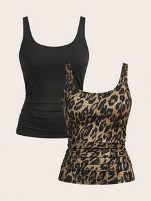 SHEIN Essnce Conjunto de top de tirantes ajustado con cintura fruncida y estampado de leopardo negro casual para mujer, versátil para uso diario - Multicolor - Ver 2