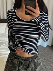 DAZY 女式基本款休闲条纹圆领长袖T恤 - 藍白色 - 查看 3