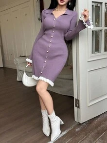 Váy ngắn dệt kim thanh lịch ôm sát màu sắc, váy len thu đông dành cho nữ - Màu tím hoa cà - Xem 4