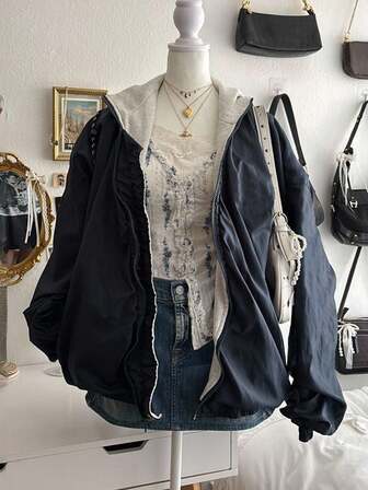 Lalippa Chaqueta con capucha de manga larga, con cremallera, holgada y casual, para otoño