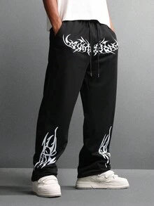 SUMWON Quần nỉ họa tiết Graffiti có thiết kế nghệ thuật Gothic, quần dài mùa đông rộng rãi, phong cách đường phố, thường ngày, thẩm mỹ Gothic, quần dài rộng thùng thình, trang phục lễ hội - màu đen - Xem 4