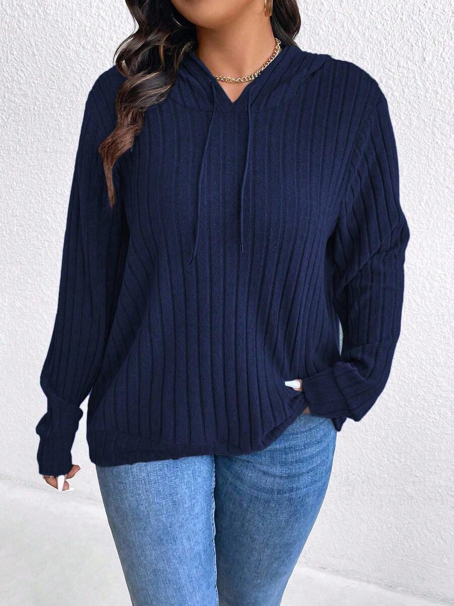 Plus Size Women's Solid Color Hooded Drawstring Drop Shoulder Long Sleeve Casual Ribbed Loose Sweatshirt - Navy Blue - View 1