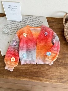 SHEIN LMoss Kids Cardigan ample décontracté avec fleurs 3D blocs de couleurs pour jeune fille, vêtements d'automne et d'hiver pour fille - Multicolore - Voir 5