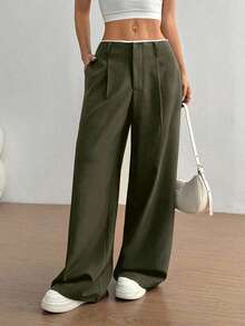 SHEIN Unity Versatile Commuting & Business Women's High-Waisted Patchwork Design Super Slimming Straight Leg Olive Green Wide Leg Pants - Army Green - View 5