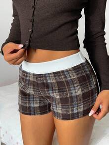 Aloruh Quần short ngắn 2 trong 1 họa tiết kẻ caro nâu Y2K thanh lịch gợi cảm dành cho nữ, thu/đông - Nhiều màu - Xem 7