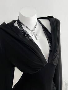 SHEIN Unity 1 件女式黑色蕾丝边收腰连帽连衣裙，休闲/日常穿着，秋季 - 黑色 - 查看 1