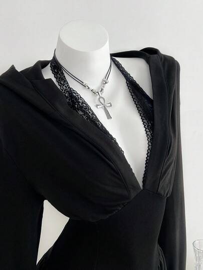 Elamini 1pc Women's Black Lace Trim Cinched Waist Hoodie Dress, Casual/Daily Wear, Autumn