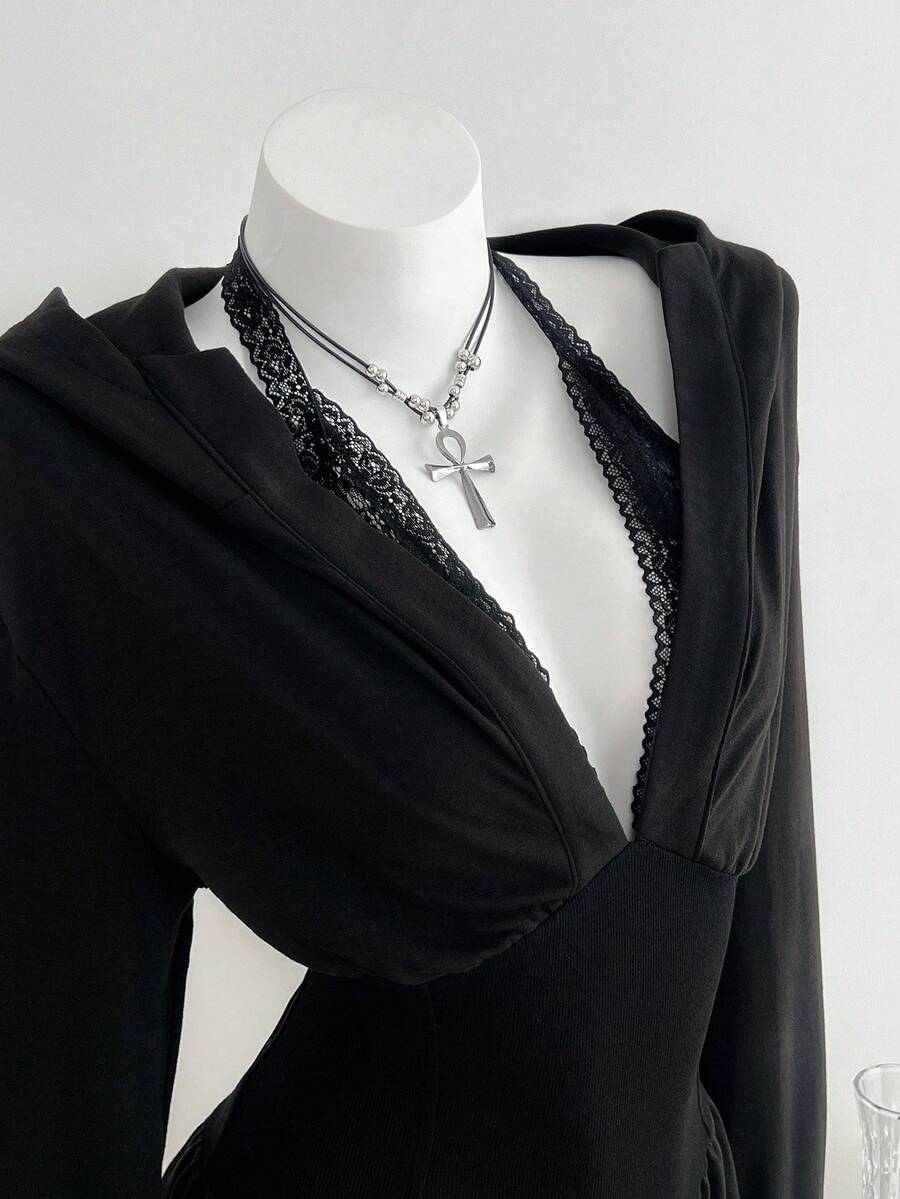 SHEIN Unity 1 件女式黑色蕾丝边收腰连帽连衣裙，休闲/日常穿着，秋季 - 黑色 - 查看 1