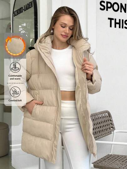 Cloudara Winter Clouthes For Women Snow, Ski, Coat, Drawstring, Eyelet, Pocket, Zipper, Beige, Hood, Regular Length, Keep Warm Winter Coat Women Winter Clothes Outerwear Women Puffer Jacket Hooded Puffer Coat Oversized Jacket
