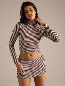SHEIN BAE White And Brown Striped Turtleneck Backless Long Sleeve Top And Mini Skirt Set,Autumn Seksi Chic Night Out Stylish Suit For Old Money Style - Multicolor - View 5