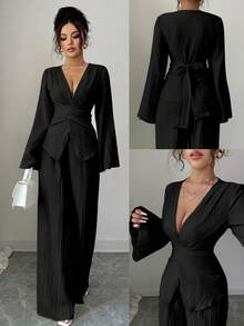 Elenzga 新款春秋季纹理奶油黄色女装，法式 V 领系带腰喇叭袖衬衫，蝴蝶结后背和高腰阔腿裤两件套，经典百搭，适合日常、通勤、度假、约会、派对 - 黑色 - 查看 3