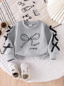 SHEIN Áo nỉ dài tay in nơ màu xám thường ngày cho bé gái, dễ thương và thời trang cho mùa thu - Xám - Xem 1