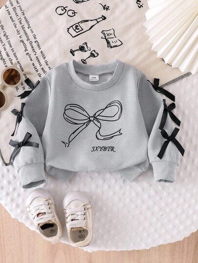 SHEIN Sweatshirt Lengan Panjang Abu-abu Motif Pita Kasual untuk Bayi Perempuan, Lucu & Modis untuk Musim Gugur dan Musim Dingin