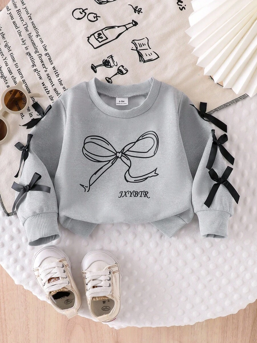 SHEIN Áo nỉ dài tay in nơ màu xám thường ngày cho bé gái, dễ thương và thời trang cho mùa thu - Xám - Xem 1