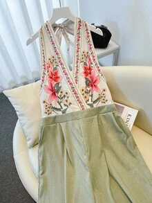 SHEIN Clasi 大码玫瑰印花撞色系带前开优雅浪漫阔腿连体裤，新款，情人节