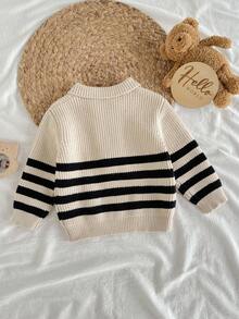 Loomiva 男婴条纹撞色长袖拉链套头衫 男婴套头衫 婴儿针织毛衣 条纹针织毛衣 男婴秋冬Polo衫 - 杏色 - 查看 2