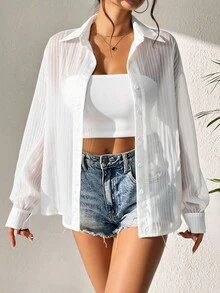 Breezaya 女士优雅法式通勤休闲透明长袖白色返校衬衫