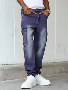 Manfinity Homme 男士直筒宽松休闲工装牛仔裤 - 紫色 - 查看 4
