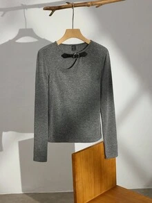 Maija Grey & Black Asymmetric Hollow-Out Leather Decor Design Casual Fitted Top For Women, Versatile,Fall For Women,Halloween,Chic Top Saudi National Day Casual Top For Women Party Office For Women Casual Tops For Women Grey Top Cut Out Top Grey Tops For Women - Dark Grey - View 4