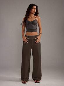 SHEIN Tall Women's Casual Solid Color Loose Wide Leg Pants, Suitable For Commuting - Mocha Brown - View 3