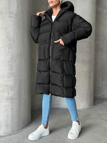 EURMUSE Solid Zip Up Hooded Puffer Coat - Black - View 5