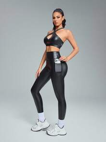 Innovista Woman Luxury Natural Tone Glossy Sports Sets Sophisticated Design Workout Clothes Athletic Outfits Training Breathable Active Crop Top Bra With Leggings Phone Card Pocket Bottom Metallic Two Pieces Daily Yoga Cycle Biker HIIT Office To Court Brunch To Gym Function Athleisure, Women Athletic Set