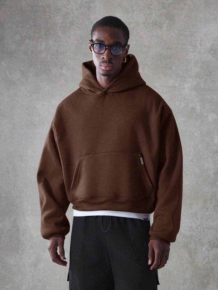 Cropped Pullover Hoodie With Centre Pocket Oversized Fit