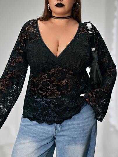 SHEIN CURVE+ 大码女式黑色蕾丝V领长袖修身衬衫/秋冬