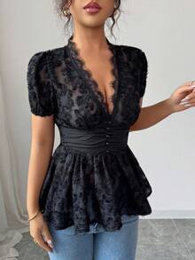 Elenzga Áo cánh ren bó sát cổ chữ V tương phản thời trang xuân/hè cho nữ - màu đen - Xem 6