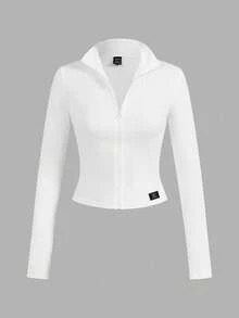 SHEIN EZwear 2pcs Versatile Fitted White & Black Knit Yoga Fitness Activewear, Letter Embroidery Graphic Zip-Up Long Sleeve T-Shirt, Chic For Autumn/Winter - Multicolor - View 3