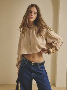 Aralina 女士时尚优雅秋冬休闲Y2K超大荷叶边圆领长袖短款纽扣上衣，非常适合外出和万圣节穿着 - 黃色 - 查看 10